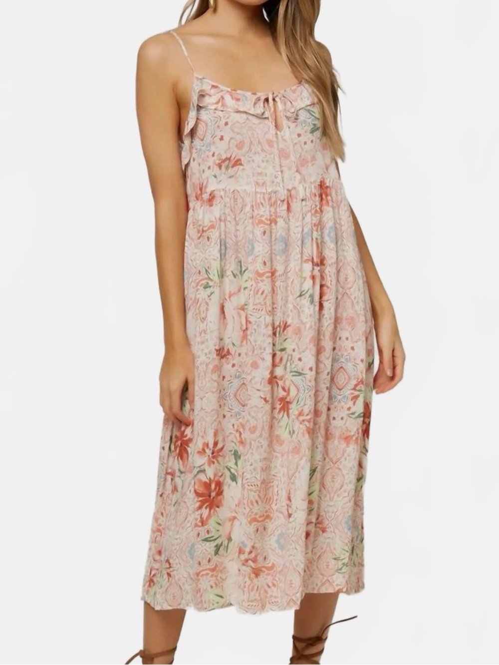 O’Neill Floral Print Ruffle Tie-Front Midi Dress Size M